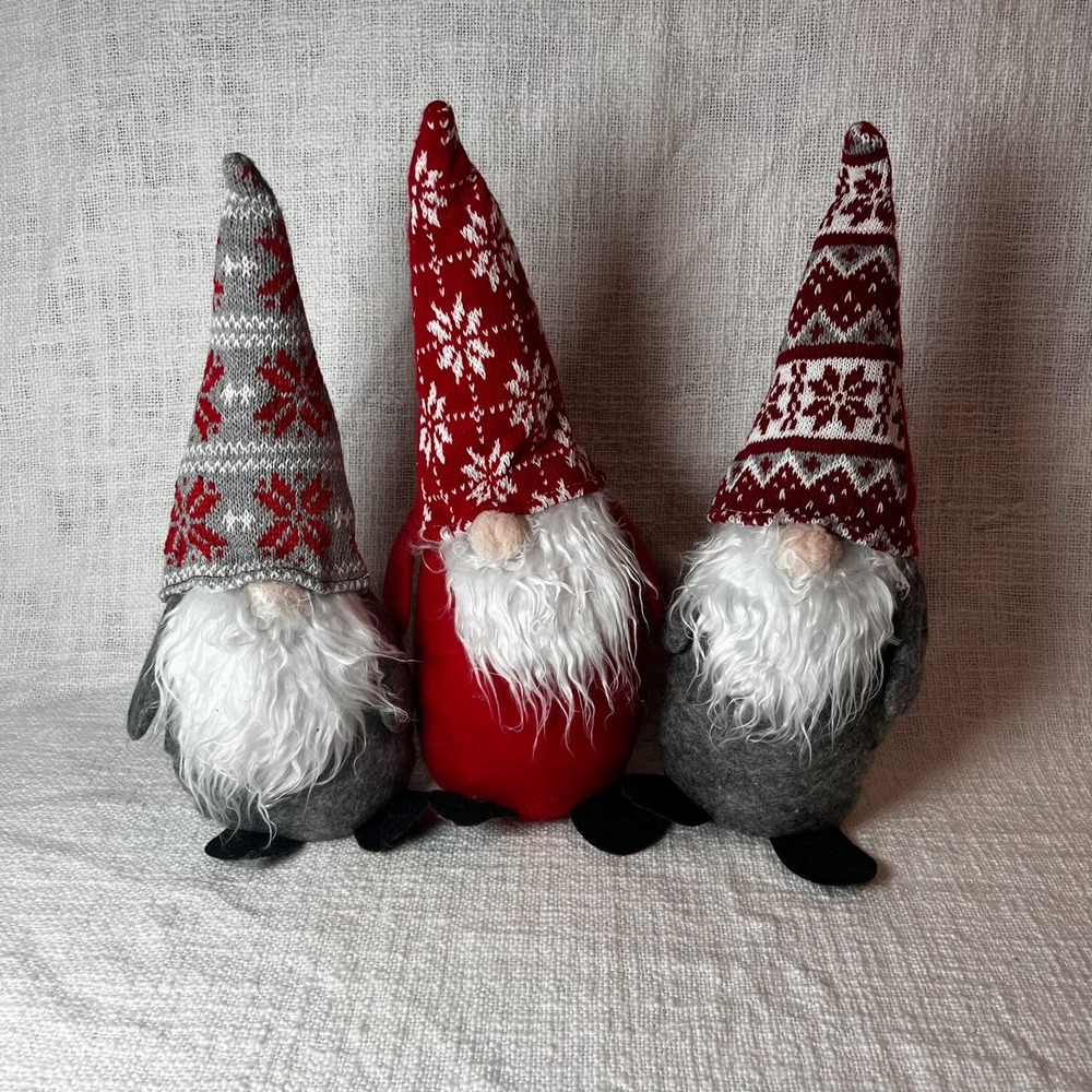 Set of 3 Christmas Gnomes Stuffed Standing Holiday Nordic Red Gray 13.5"-14.5"H